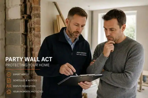 Party wall surveyor Swadlincote discussing extension plans with homeowner outside a UK semi-detached house.